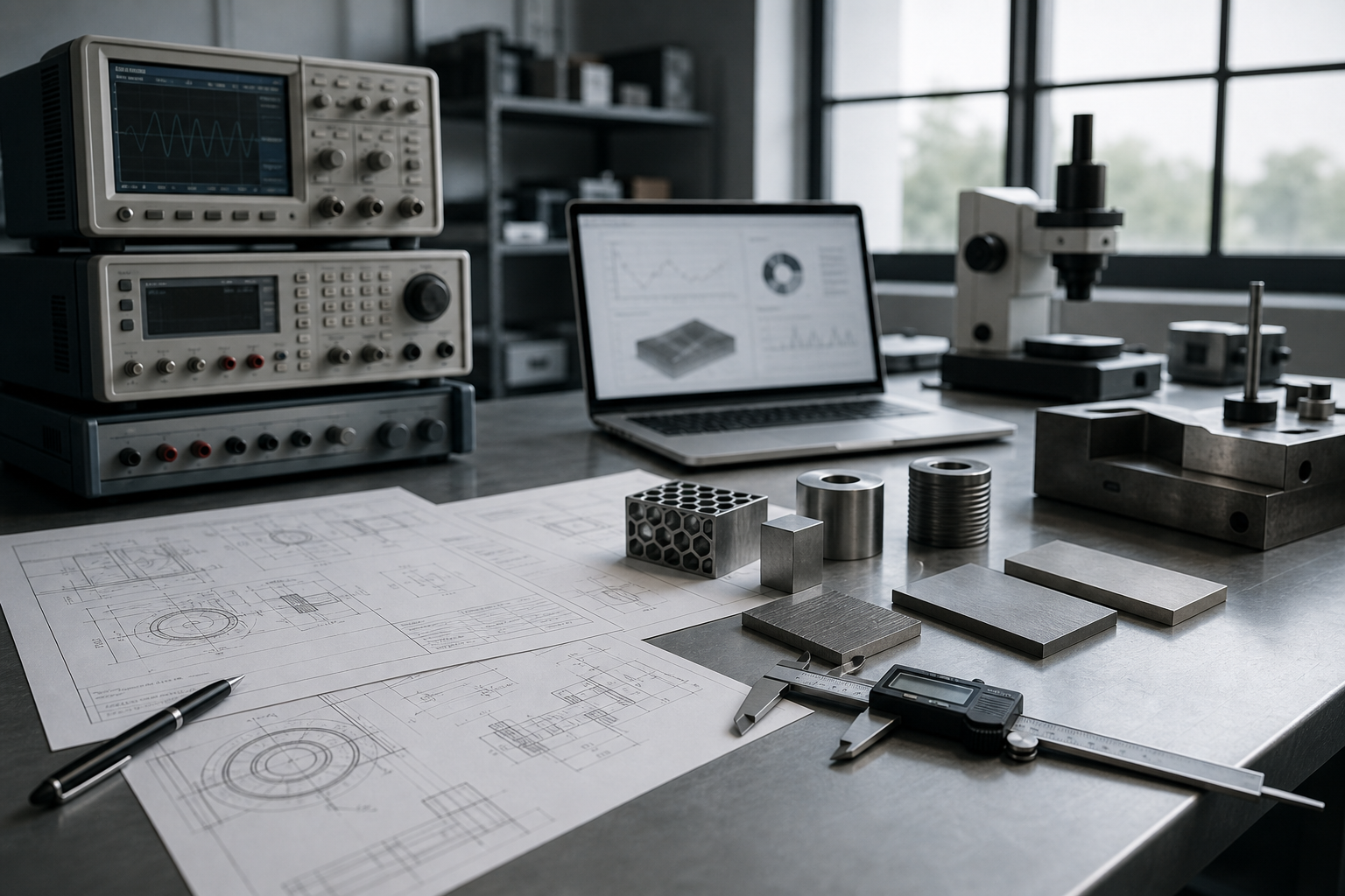 Technical briefing archive: instruments, schematics, and research materials on a steel bench