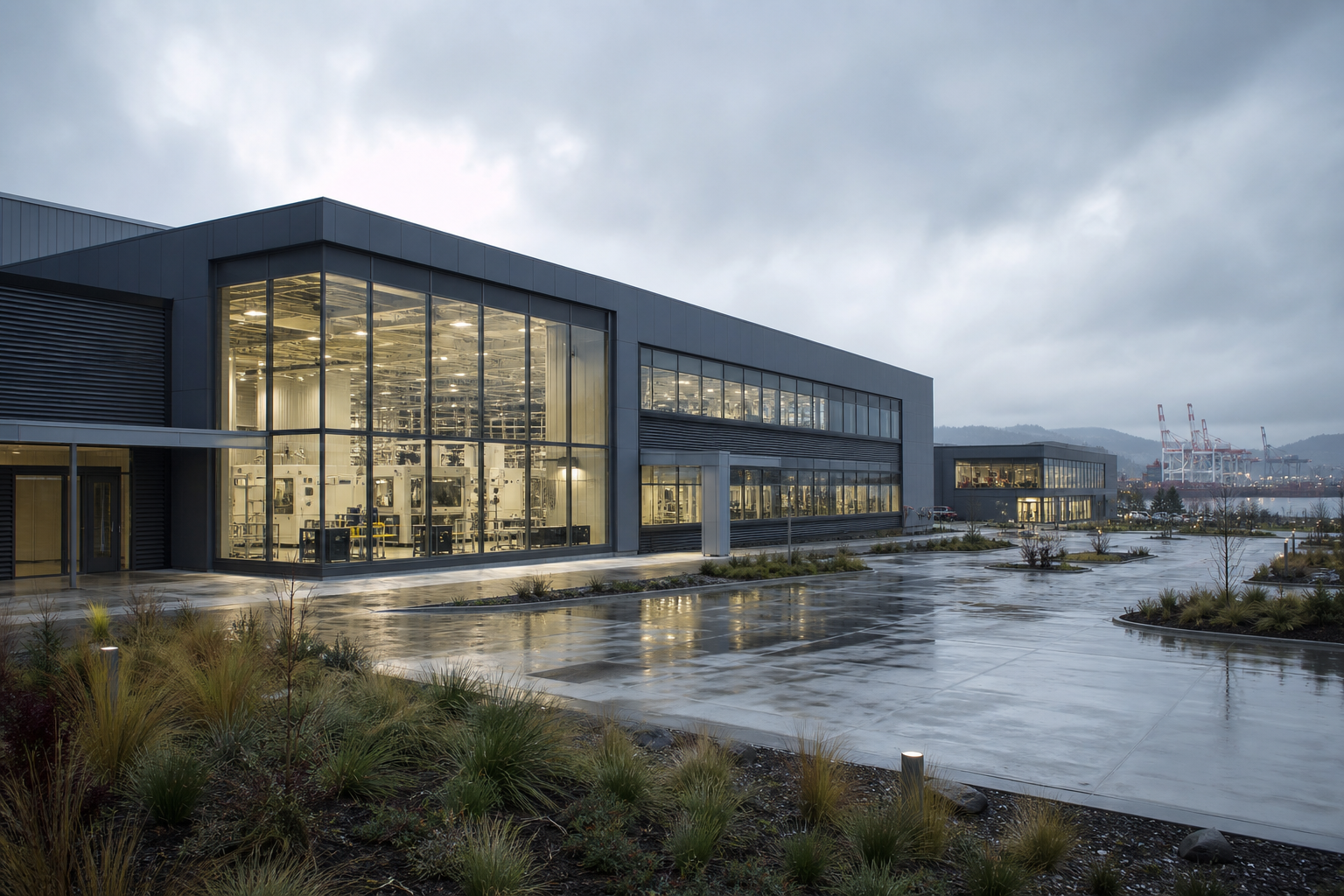 Pacific Northwest advanced-manufacturing hub campus with regional network context
