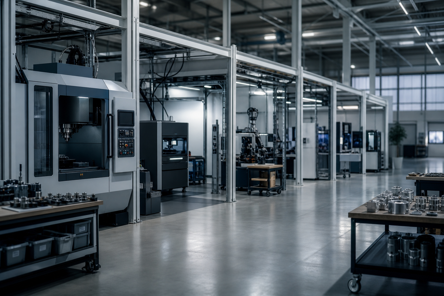 Shared commercial-grade manufacturing floor with modular production equipment