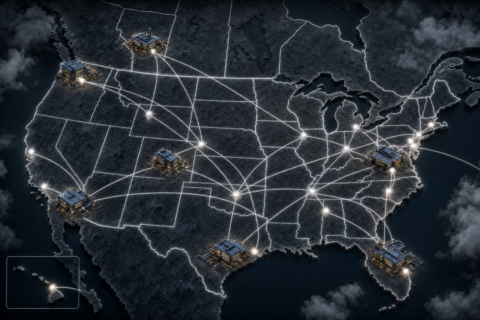 National hub network map: scoping facilities in Seattle, San Diego, Austin, Space Coast, Washington DC, and Alberta; discovery nodes in Denver, Los Angeles, San Francisco, Philadelphia, Maryland, New York, Virginia, North Carolina, Huntsville, Ohio, and Hawaii